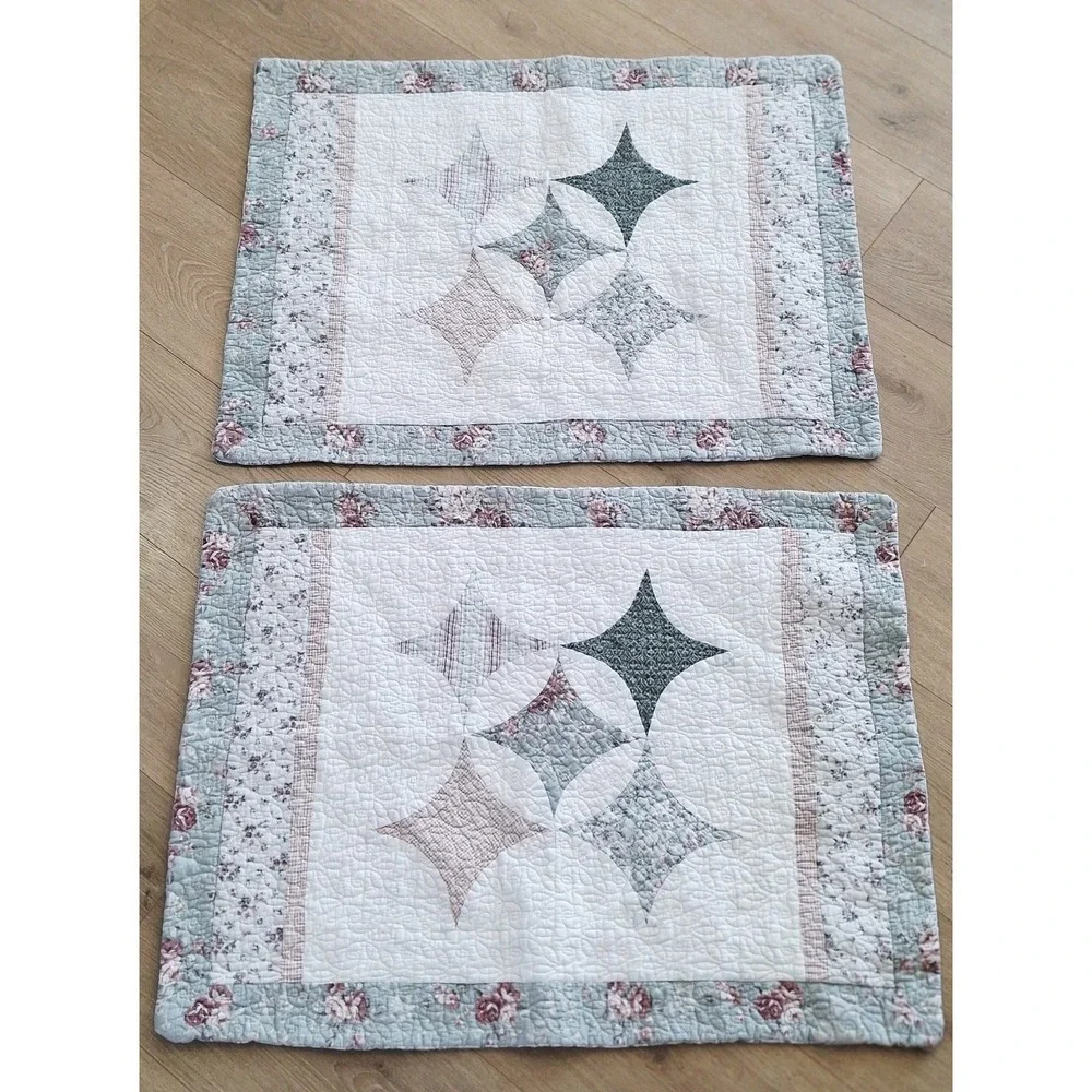 Vintage Quilted Floral Pillow Sham Cream Pink Green Cottagecore 2pc shabby Chic